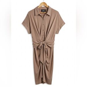 Nina Parker Plus Size 4X Taupe Ruched Midi Dress Front Tie Button Down